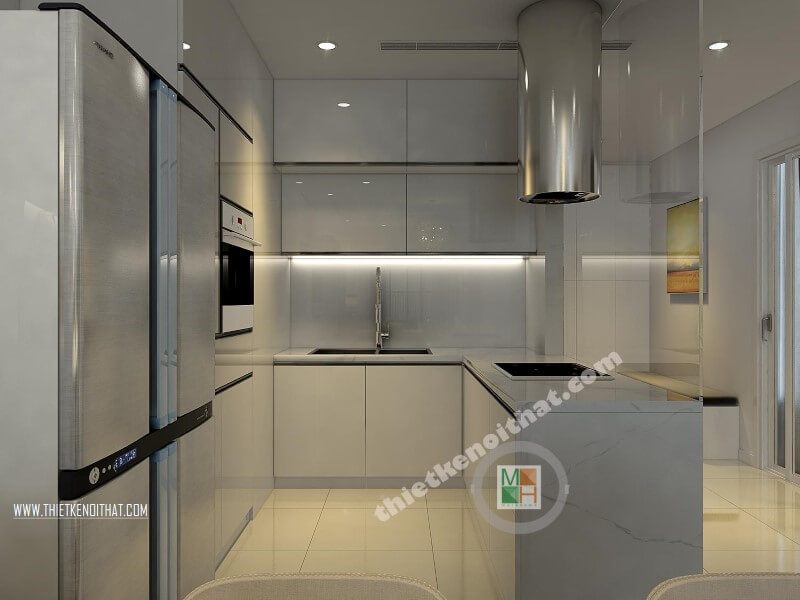 Thiết kế phòng bếp chung cư cao cấp với hệ tủ bếp acrylic màu trắng kết hợp bàn đảo ốp đá nhân tạo mang đến vẻ đẹp sang trọng và đẳng cấp cho căn bếp gia đình bạn